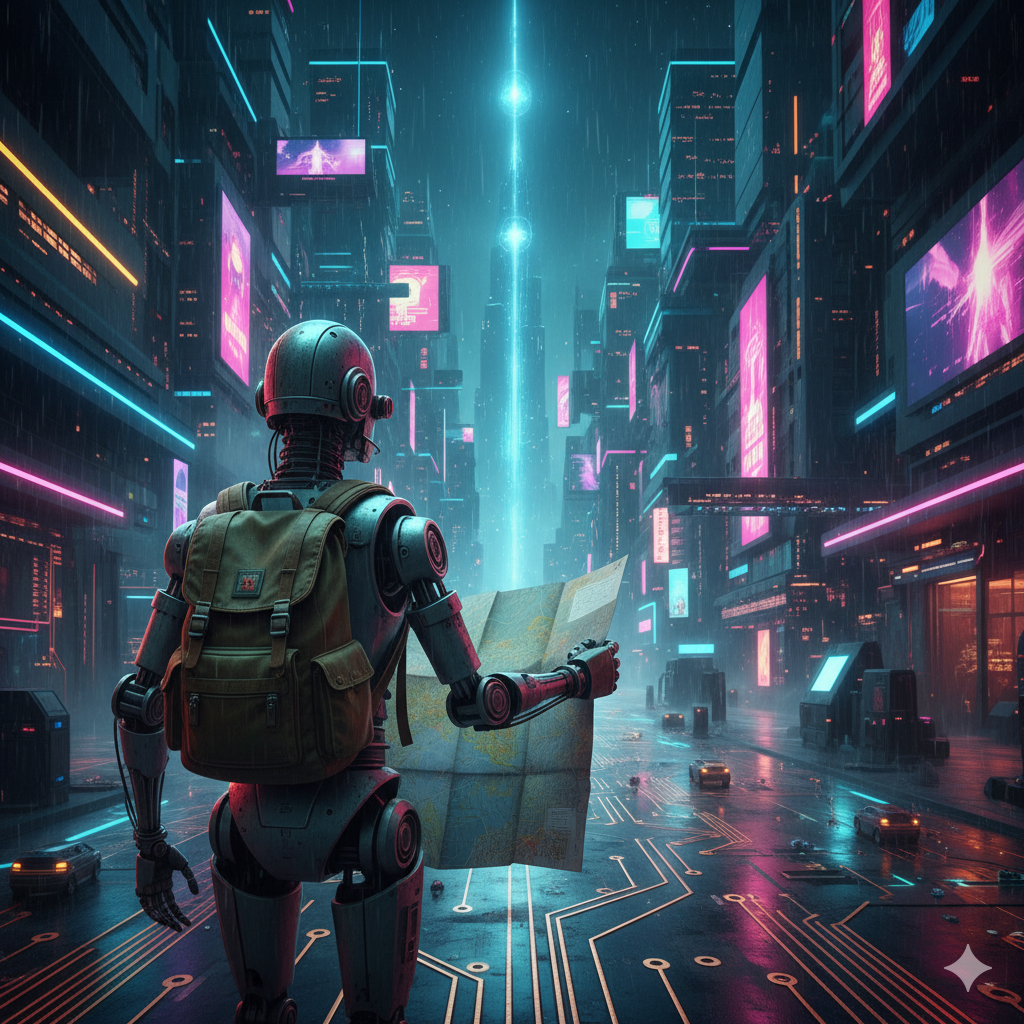 A stylized image of a robot reading a map